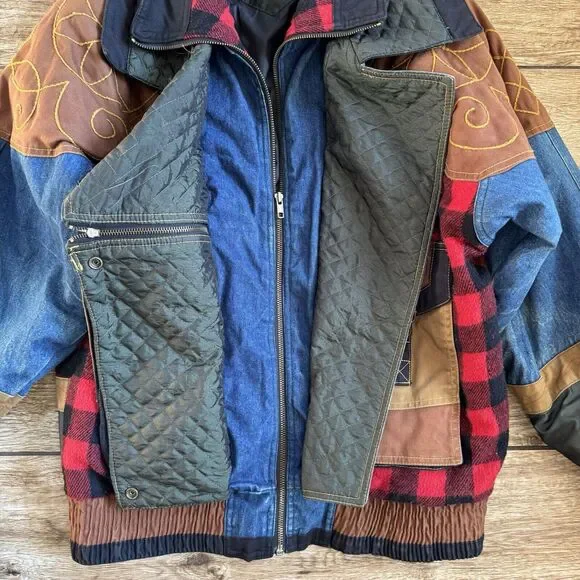 Patchwork Jacket XS Plaid Denim Pockets Cowboy Western Vintage - Picture 5 of 15